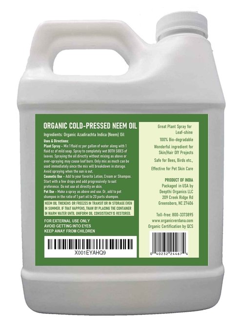 Verdana Pure Neem Oil for Plants – 1 Quart (32 Fl Oz) – Organic, Cold Pressed, Unrefined, Non-GMO – 100% Natural Spray for Plant Leaf Shine, DIY Beauty, Soap Making – No Additives