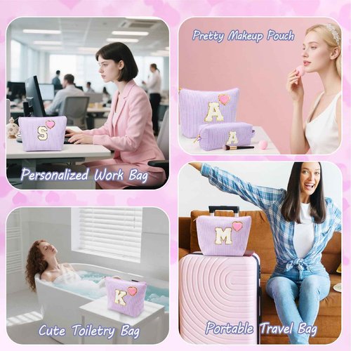 Personalized Initial Makeup Bag Gifts Preppy Cosmetic Bag Trendy Toiletry Travel Bag For Teen Girls Kids Women Letter Makeup Pouch Purse Holiday Gifts Birthday Christmas Gifts 2pack (A, Purple)