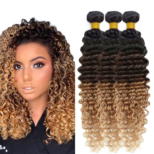 Ombre Human Hair Bundles 1B427 Deep Wave Bundles 8A Brazilian Virgin Remy Hair 3 Bundles 12 14 16 Inch 3 Tone Black and Honey Blonde Bundles Ombre Deep Wave Bundles Human Hair Weave