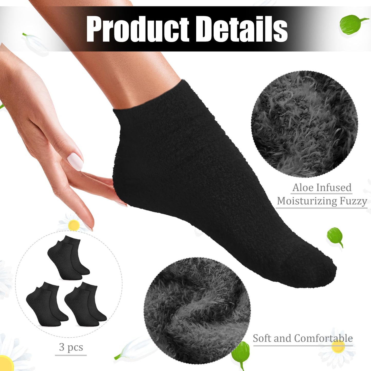 3 Pairs Aloe Socks Moisturizing Spa Socks Infused Socks Gel Sleeping Fuzzy Socks Dry Feet Socks Non Slip Lotion Socks for Women Men Repairing Softening Dry Cracked Feet (Black)