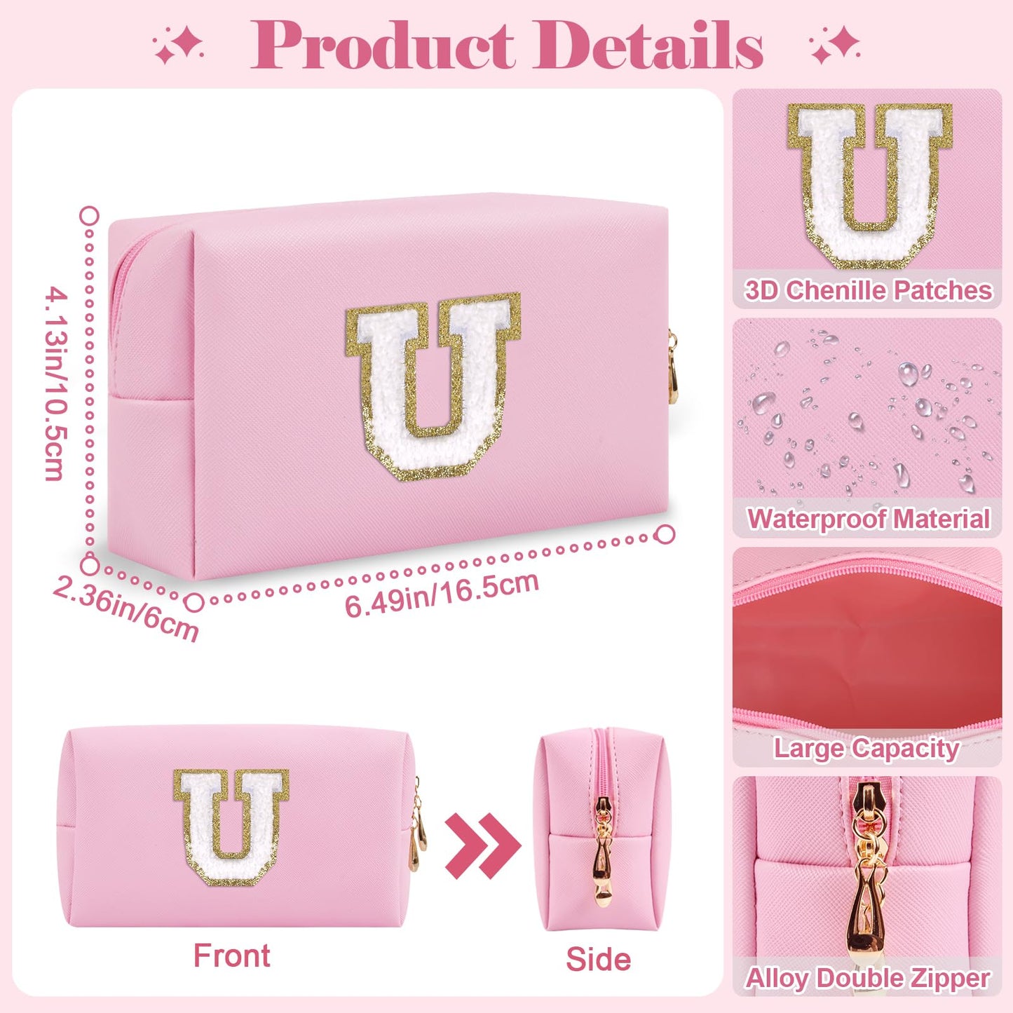 2Pack Personalized Initial Letter Patch Makeup Bag,Pink Preppy Cosmetic Bag with Small Makeup Brush Bag,Cute Waterproof PU Travel Toiletry Pouch,Gift Ideal for Her Birthday Friend Mom Teacher,Letter U