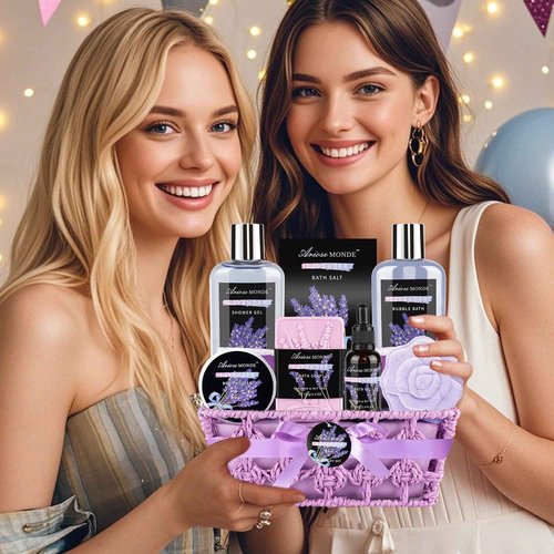 Spa Gift Basket Set, Lavender Home Spa Gifts for Women With Shower Gel, Bubble Bath, Body Butter, Bath Salt, Bomb, Oil, Soap - Gift Idea for Mother, Girlfriend, Wife