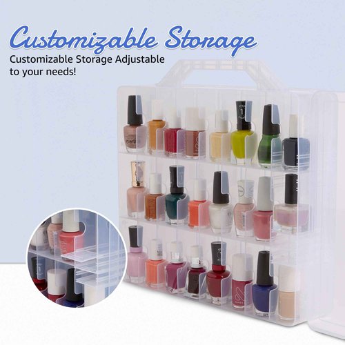 AISLE 3 ESSENTIALS Nail Polish Organizer for 48 Bottles, Double-Sided Display Case with Adjustable Dividers, Clear Storage Box with Secure Latches, Portable Storage Box for Travel