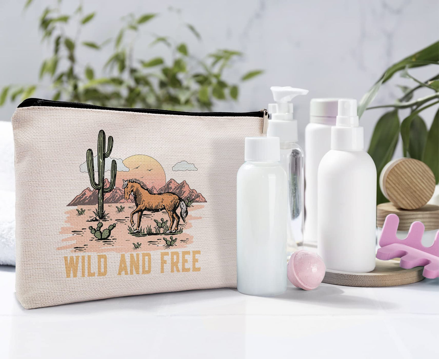 Dwept Wild and Free Cowgirl Cosmetic Bag, Wild West Retro Western Horse Cactus Desert Makeup Bag Zipper Cosmetic Pouch Bag Travel Linen Makeup Organizer, Cowgirl Gifts for Women Girls Teen Girls Her