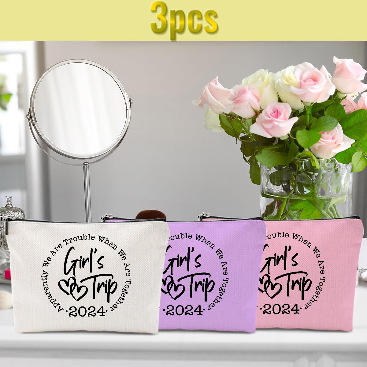 3 Pcs Girls Trip Gifts Favors, Girls Weekend Gifts Funny Makeup Bag, Bestie Gifts Weekend Bag Summer Vacation Cosmetic Bag, Friendship Gifts for Women Friend BFF, Graduation Wedding Gifts Toiletry Bag