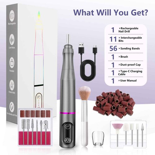 TUOBEO Cordless Nail Drill Electric Rechargeable File Kit, Professional Efile Acrylic Gel Nail Polish Remover Pedicure Manicure Machine Portable Set with 11 Bits 56 Sanding Bands for Salon Home Gray