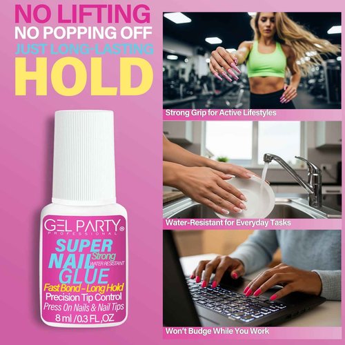GELPARTY Brush-On Nail Glue 8ml – Easy Application Nail Adhesive for Press-On Nails, Tips & Extensions – Long-Lasting, Water-Resistant, Precision Brush