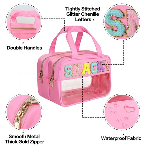 Sweet Lion Chenille Letter Clear Large Makeup Bag, Preppy Cosmetic Bag with Zipper, Stuff Bag Waterproof Travel Toiletry Bag Cosmetic Pouch for Women Girls (Pink-SNACKS)