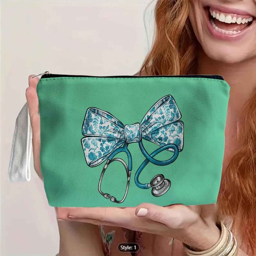 SQQCMM Chinoiserie Bow Stethoscope Nurse Green Makeup Bag - Trendy Nurse Themed Gifts for Girls Mom Women, Bow Stethoscope Nurse Cosmetic Bag, Nursing Student Gifts, Canvas Zipper Makeup Bag