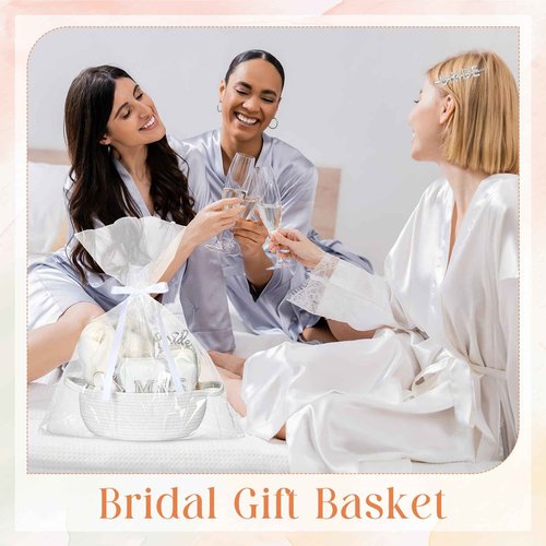 Baderke 17 Pcs Bride to Be Gift Basket for Bridal Shower, Bridal Box with Basket, Makeup Bag, Slippers, Headband, Sash, Mrs Ring Dish, Jewelry Box and More for Wedding Engagement Gift(White)