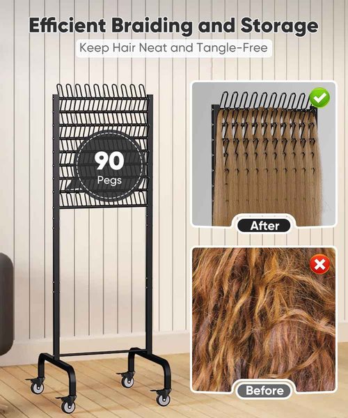 Tigerden 90 Pegs Braiding Hair Rack, Adjustable Hair Separator Stand with Wheels, Hair Extension Holder for Hair Stylists, Braiders, Home, Salon, Beauty School, Black