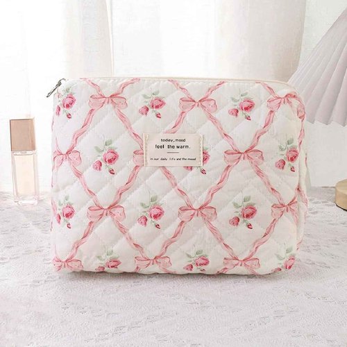 Dkieuyu Quilted Makeup Bag,Bow Makeup Bag,Cotton Makeup Bag Set for Women,Travel Makeup Bag,Large Toiletry Cosmetic Bag Makeup Bag Organizer for Women Girls (M5-1PC)