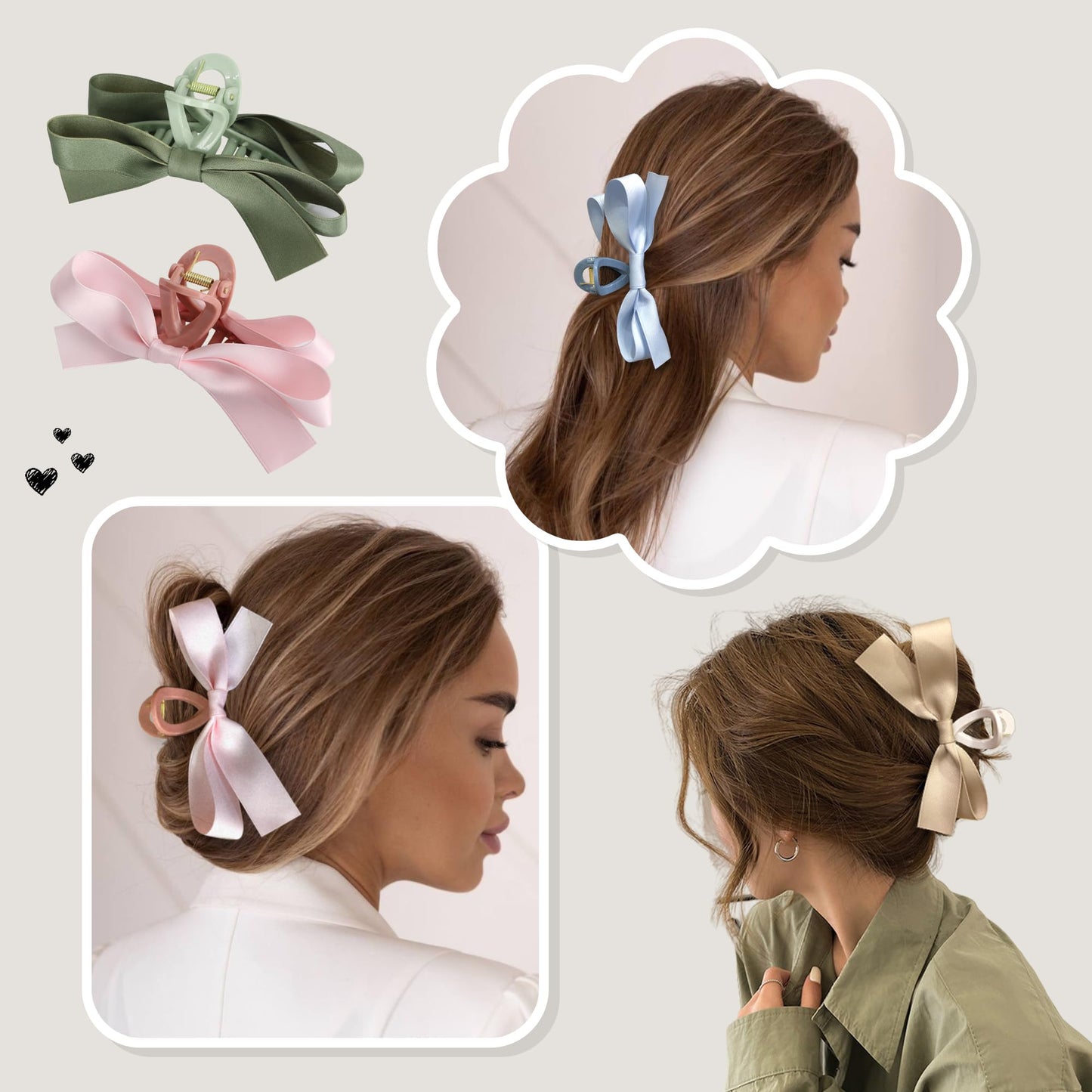 FAELBATY Bow Hair Claw Clips, Bow Knot Hair Claw Clips for Women, Silky Satin Bow Hair Clips for Girls, Big Claw Clips with Bow for Thin Thick Curly Hair, Bows Bowknot Hair Accessories 4 Pcs