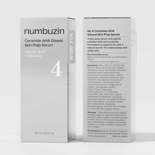 numbuzin No.4 Serum | Ceramide AHA Glazed Skin Prep Serum | Exfoliating, Skin Barrier Repair, Face peel, Korean Glass Face | Glycolic Acid, PHA, Ceramides, Panthenol | 1.01 fl.oz