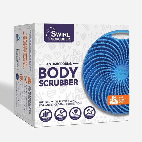 Swirl Scrubber: Antimicrobial Silicone Body Scrubber - Blue - Shower Hanger & Sticker, Lymphatic Support, Deep Exfoliation-Cleansing, Family Hygiene