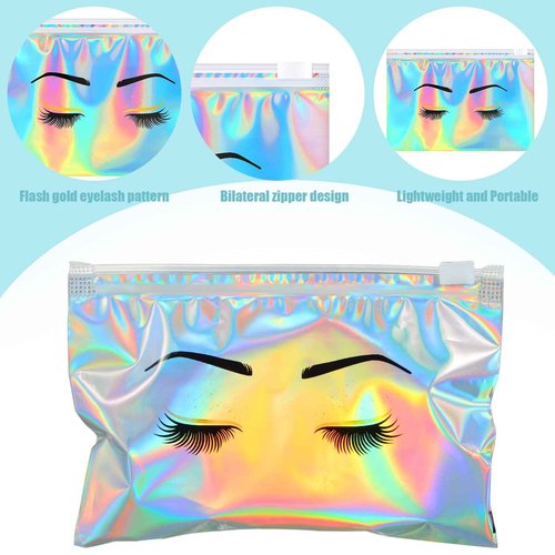 Kajaia 60 Pack Holographic Lash Aftercare Bags Empty Eyebrow Eyelash Cosmetic Makeup Bag 6 x 4 in EVA Zipper Beauty Gift Pouches for Women Girls Small Business(Colorful)