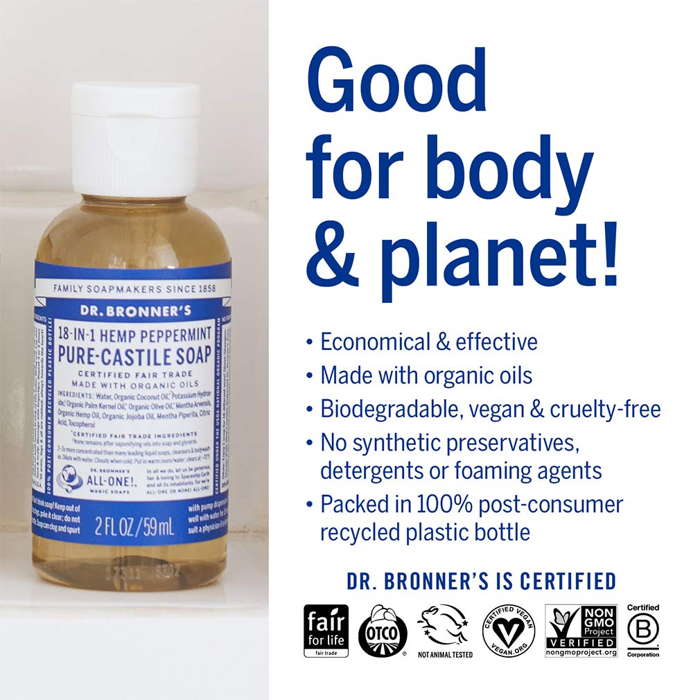 Dr. Bronner's - Pure-Castile Liquid Soap (Peppermint, Travel Size, 2 ounce) - Made with Organic Oils, 18-in-1 Uses: Face, Body, Hair, Laundry, Pets and Dishes, Concentrated, Vegan, Non-GMO