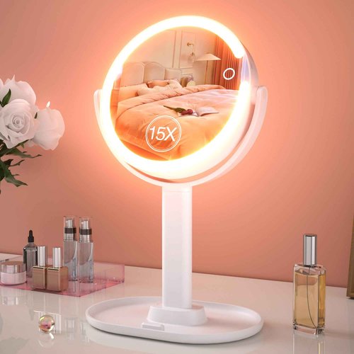 15X Magnifying Makeup Mirror with Lights, Double Sided 360° Rotation Vanity Desk Mirror with Magnification Rechargeable 3 Color Lights and Adjustable Brightness Stand for Dressing Table,Bedroom