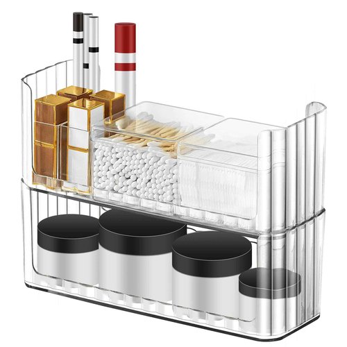 Poeland 2 Pack Stackable Makeup Organizer Tray, Transparent Cosmetic Display Case with 2 Lipstick Cases and 2 Cotton Swab Pad Boxes, Medicine Cabinet Shelves Organizer