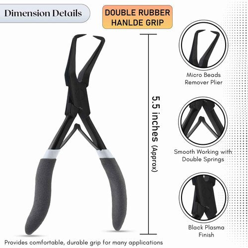 My Hair Tools Hair Extension Tools Kit Includes Micro Beads Remover & Crimping Pliers set, Stainless Steel Micro Rings Pulling Hook & Loop Tool Packed in Soft Case (Black with Rubber Grip)