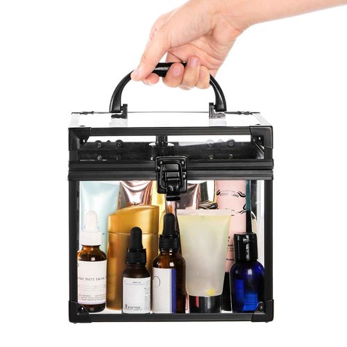 Okllen Crown Box, Clear Cosmetic Case, Acrylic Artists Display Case, Toiletry Train Case with Latches & Handle