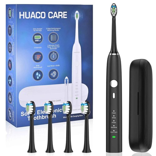 HUACO CARE Sonic Electric Toothbrush,5 Modes 3 Intensities with 2 Minutes Timer,One Charge for 90 Days,Rechargeable Toothbrush,Wireless Charge with 4 Replacement Brush Heads for Adults and Kids Black