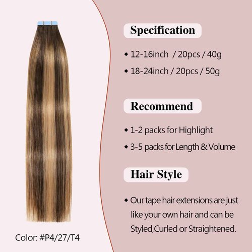 Sunya Tape in Hair Extensions Human Hair Balayage Chocolate Brown to Caramel Blonde 16 Inch 40g/pack 20pcs Straight Seamless Skin Weft #P4/27/T4 Tape in Hair Extensions