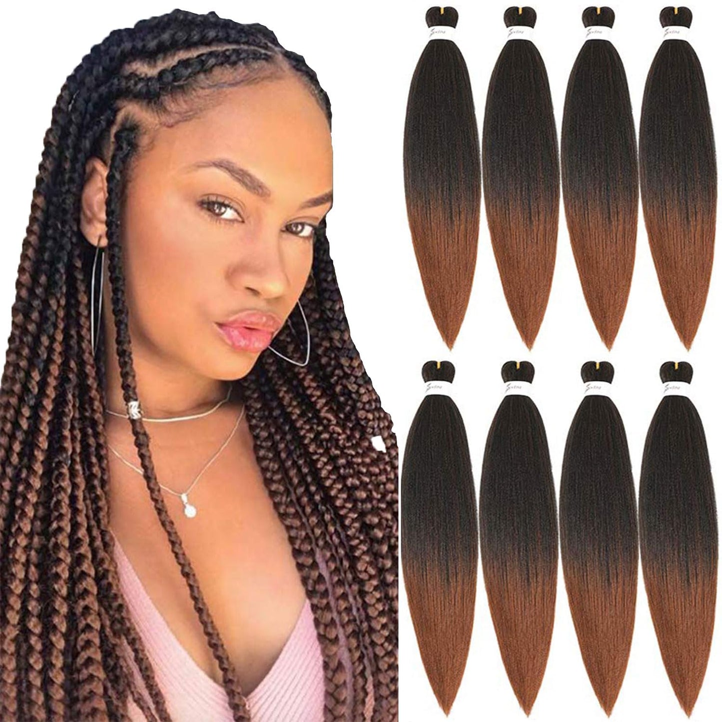 [8 BUNDLES DEAL] Pre-stretched Braiding Hair 8 Bundles - 24 Inch Ombre Brown Braiding Hair Yaki Straight Prestretched EZ Braids Hot Water Setting Ombre Aurburn Professional Soft Synthetic Bundles Hair