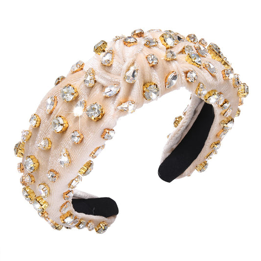 CENAPOG Rhinestone Knotted Headband for Women Sparkly Crystal Embellished Hairbands Twist Turban Headband Elastic Wide Velvet Hair Hoop Party Wedding Headwear for Girls (Off-white)