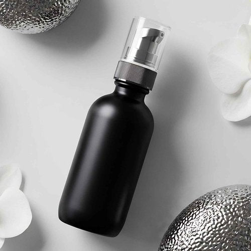Jagolain 12Pack 2oz Black Glass Pump Bottles, 60ml with Black Pump, Empty Refillable Travel Small Container For Lotion Cream Essentil Oil Shampoo (60mlpumpBLK)