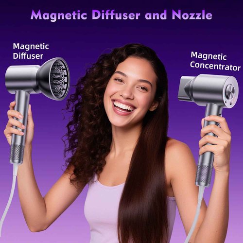 KVINEEN Hair Dryer,160000 RPM High-Speed Brushless Motor Negative Ionic Salon Blow Dryer for Fast Drying, Low-Noise Design & Advanced Heat Control to Prevent Heat Damage, Frosted Gray