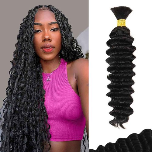 Human Braiding Hair for Boho Braids Human Hair 50g 24 Inch Boho Human Braiding Hair Curly 12A Deep Wave Bulk Bohemian Knotless Braids 1 Bundle Natural Color
