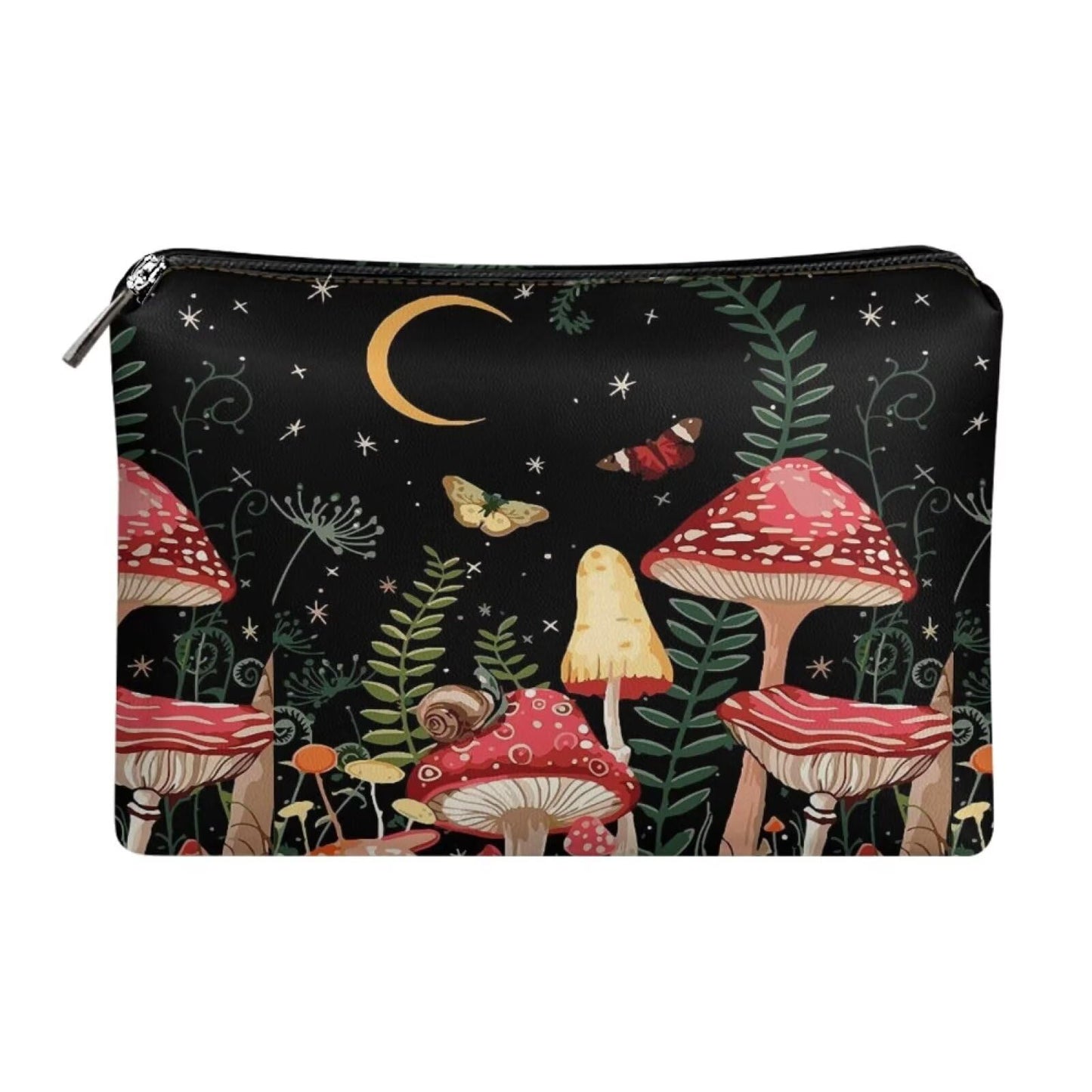 ELEDIZI Cute Mushroom Makeup Bag Leather Cosmetic Pouch Teen Girls Trendy Wallet Clutch Black Toiletry Bag for Purse Travel Size Makeup Brush Case Leather Lipstick Pouch Portable Skincare Bag