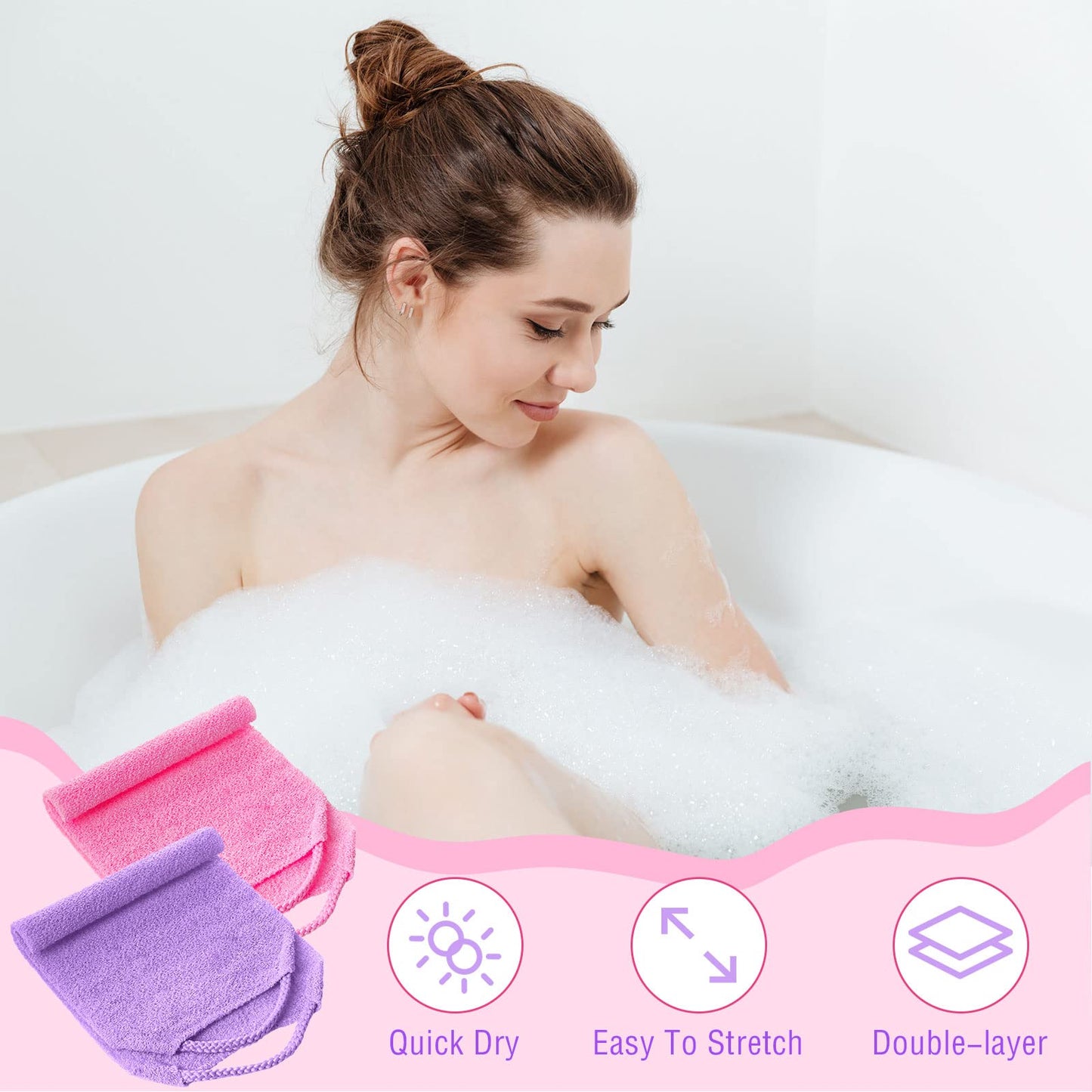 Back Scrubber for Shower Exfoliating Washcloth Back Cloth Body Extended Length Scrubber Towel Nylon Exfoliating Stretchable Pull Strap Wash Cloth for Bath Body Scrub Washcloth 2 Pack (Pink,Purple)