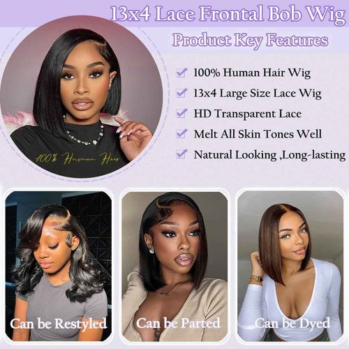 TONGMAY Bob Wig Human Hair 13x4 HD Transparent Lace Frontal Wigs for Women Glueless Short Straight Bob Lace Front Bob Wigs Pre Plucked with Baby Hair 180% Density Natural Black 10 Inch