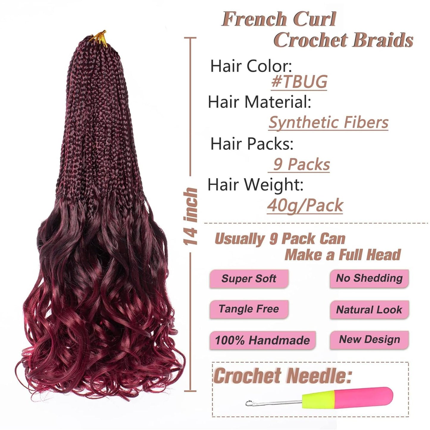 RuiYok 9 Packs 14 Inch French Curl Crochet Braids Ombre Burgundy Bohemian Goddess Box Braids Red Pre Looped Synthetic Curly Crochet Hair for Women