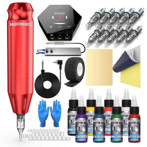 Tattoo Gun Kit, Wormhole Tattoo Machine Kit Tattoo Pen Kit Complete Tattoo Kit Rotary Tattoo Practice Machine Kit 10 Cartridge Needles 8 Tattoo Ink 40 Tattoo Ink Caps for Beginner WTK085