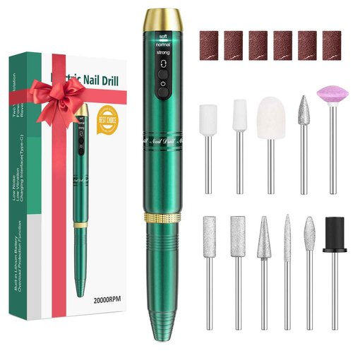 Cordless Nail Drill, Portable Electric Nail File with 11 in 1 Nail Drill Bits for Acrylic Gel Dip Powder Nails, Rechargable Efile Machine Kit for Home Manicure Pedicure, Green