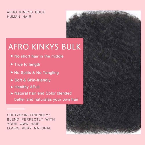 Afrodiva Afro Kinkys Bulk Human Hair for Dreadlocks Kinky Curly Hair for Loc Extensions 100% Real Human Hair Afro Kinky-Curly Human Braiding Bulk Hair for Twist & Repair Locs 50 Gram 16 Inch Black