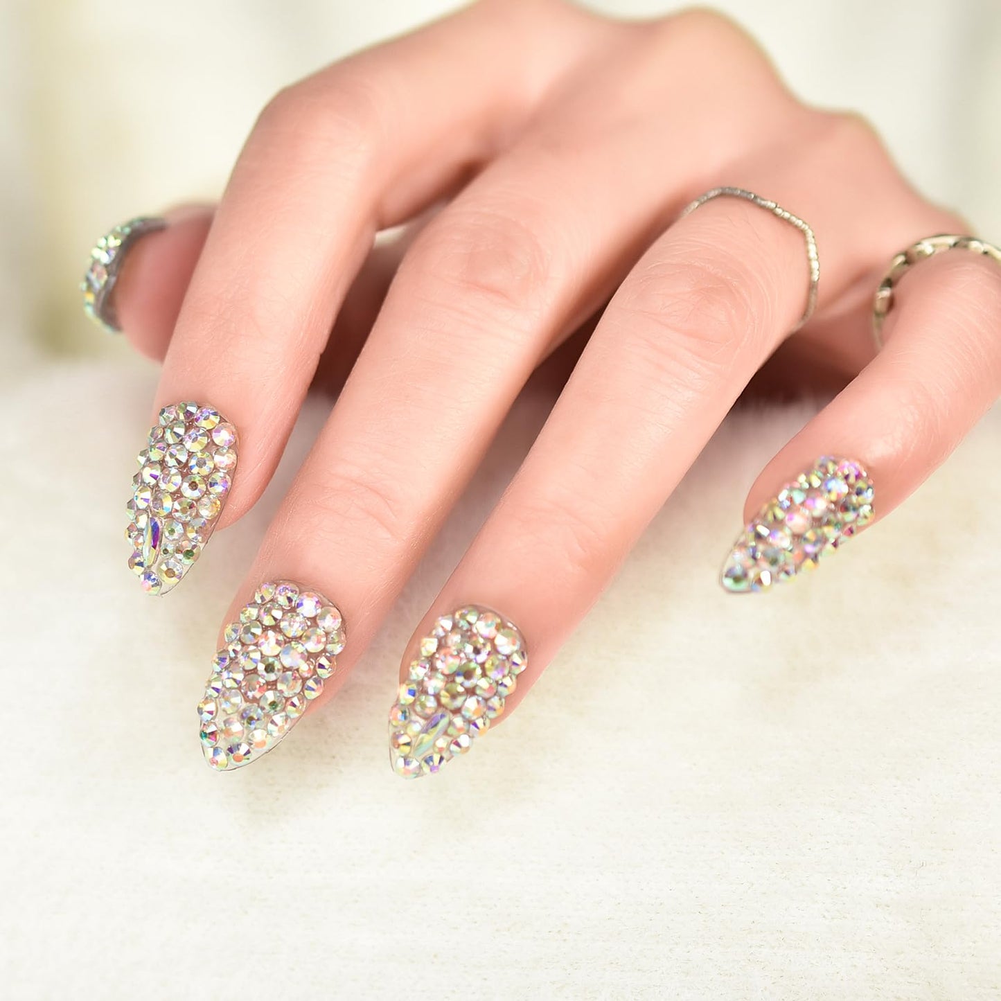 Elevenail 24pcs Full Cover 3D Rhinestones Press On Nails Almond Medium Length Nails Women Girls Gifts Salon Manicure Shiny Crystal Nail Art Tips Fake Nails Reusable Acrylic False Nails Glue On Nails