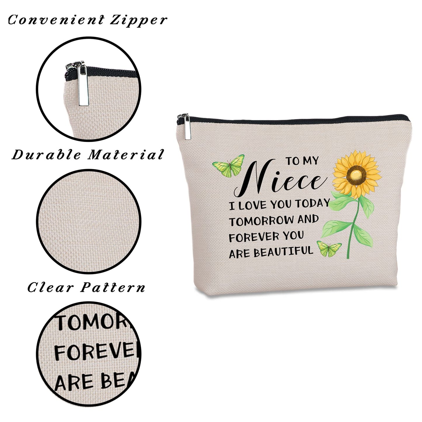 Yegifeyct Niece Gifts from Auntie Uncle Zipper Travel Makeup Bag Birthday Gift for Niece from Aunt Inspirational Encouragement Graduation Gifts for Niece