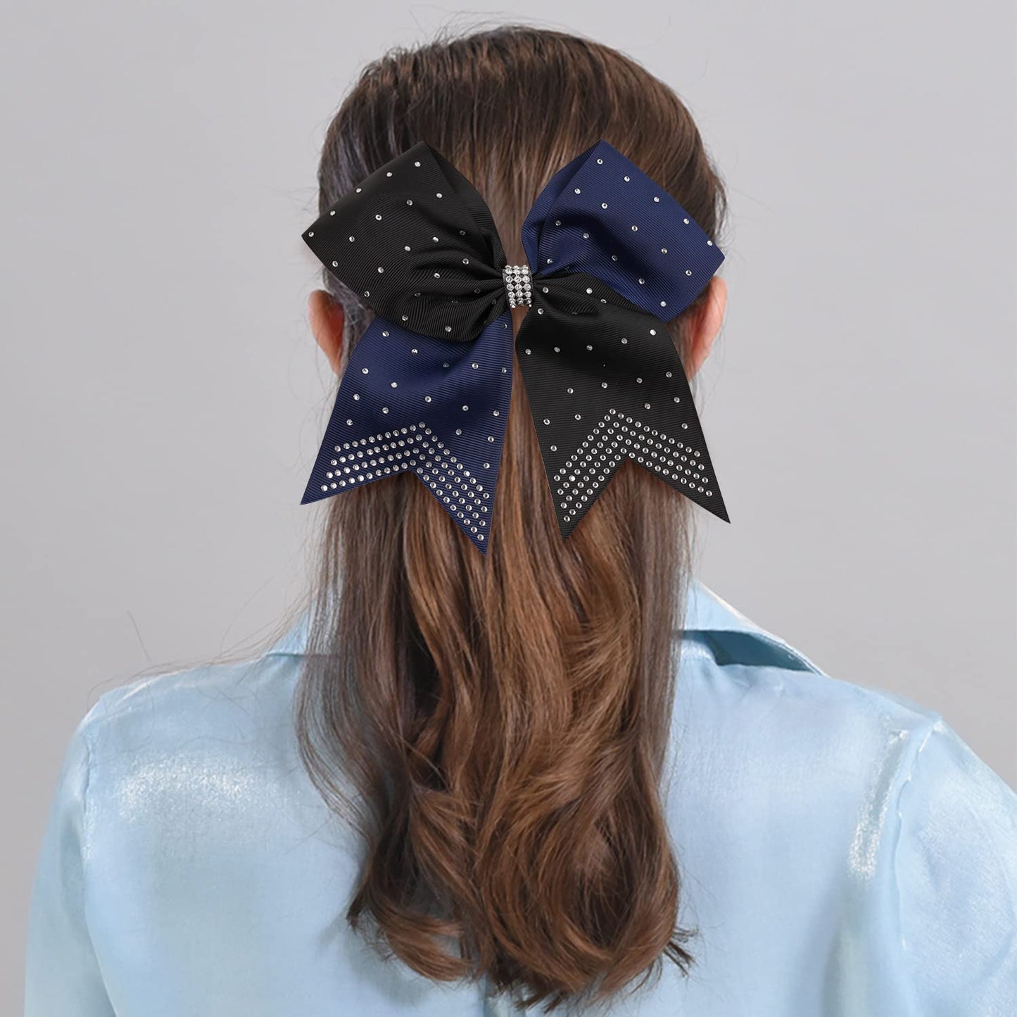 6PCS 8" Large Cheer Hair Bows Ponytail Holder, Rhinestones Cheerleader Bows with Elastic Band Hair Tie Handmade for Cheerleading Teen Girls College Sports (Black/Navy)