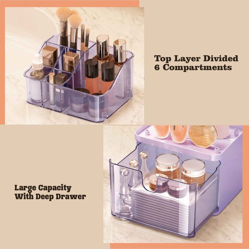 DOADW Small Makeup Organizer with Drawer - 3 Tier Bathroom Organizer Countertop - Multi-Purpose Skin Care for Vanity, Cosmetic Counter Organizer (Purple)