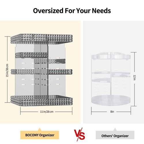 BOCONY Rotating Makeup Organizer, Large Capacity Cosmetic Display Case, Acrylic Skincare Organizer with Makeup Brush, Makeup Storage Organizer for Dresser Countertop and Bathroom Vanity - Grey