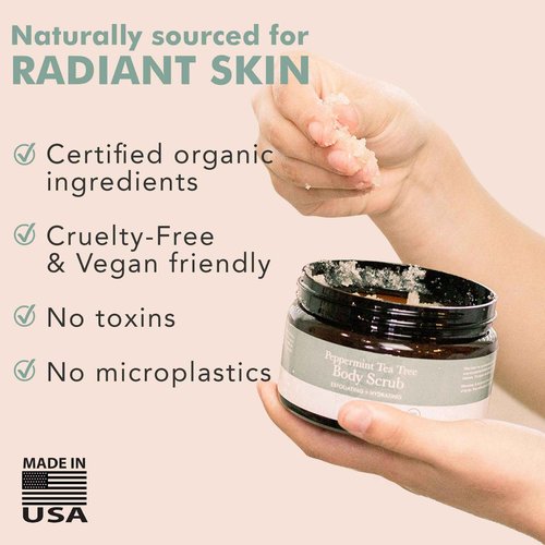 Peppermint Tea Tree Organic Body Scrub - USA Made Sugar Scrub with Natural Ingredients, Moisturizing Body & Foot Exfoliator for Dry and Sensitive Skin, Removes Dead Skin Cells & Reduces Ingrown Hair