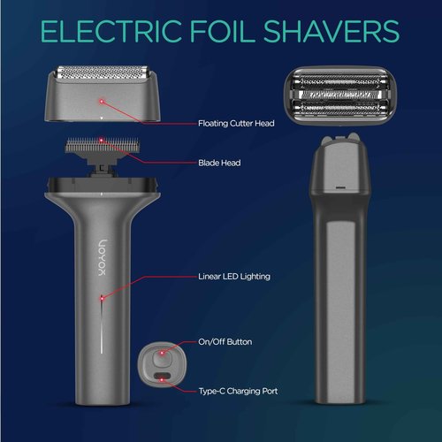 VOYOR Foil Shaver Electric Razor for Men 3 in 1 Shavers for Men with Double Foil Wet & Dry Face Shaver Lightweight Handheld Smooth Shave IPX6 Washable USB-C Rechargeable Travel Razor TX310 (Gray)