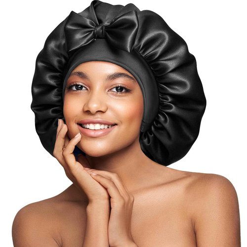 Umisleep Double-Sided 100% 22 Momme Mulberry Silk Bonnet for Sleeping Women, Large Silk Hair Wrap for Long Curly Hair, Non-Slip Sleep Cap with Adjustable Band, Ebony