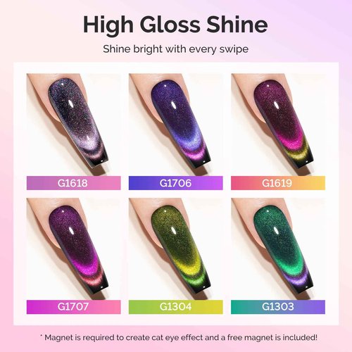 MelodySusie 9D Chameleon Cat Eye Gel Nail Polish Set 6 PCS, 0.5 Fl Oz Red Rosy Pink Glitter Holographic Magnetic Nail Polish with Magnet, UV Nail Polish for Nail Art Manicure Salon DIY at Home