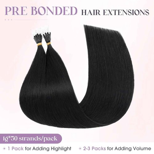 Elailite I Tip Hair Extensions Human Hair Elastic Itip Real Remy Hair Jet Black 22 Inch 50G 50Strands Straight Pre Bonded Keratin Fusion Human Hair Extensions