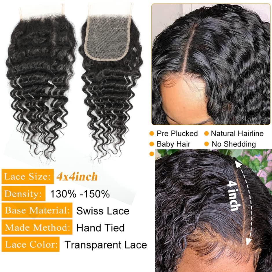 QTHAIR 14A Brazilian Deep Wave Bundles with Closure Virgin Human Hair Bundles with Closure 4x4 Lace Natural Color for Black Women 100% Unprocessed Deep Wave Human Hair(14 16 16+12)